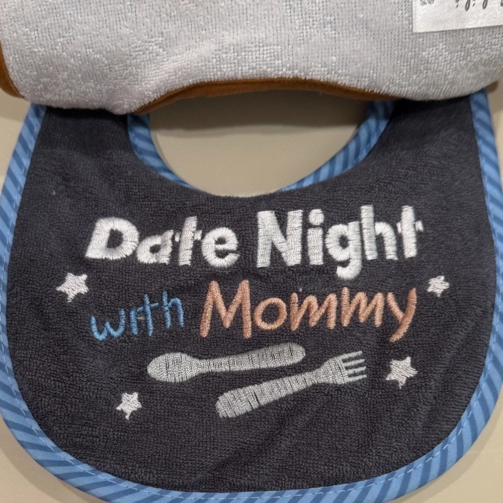 Blue Baby Bib Pack with Silicone Dolphin Teether and Neutral Chenille Socks